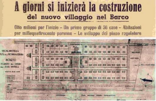 Planimetria del "Villaggio degli operai della Zona Industriale", pubblicata con grande enfasi da "Il Resto del Carlino" del 12 settembre 1942 nelle Cronache Ferraresi.